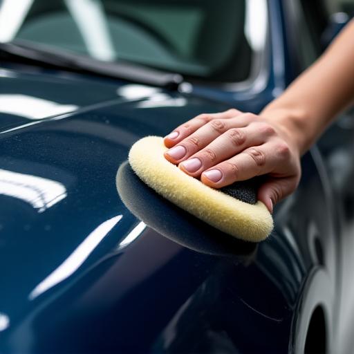 ディテイラーがポリッシャーを使い、車の塗装を丁寧に磨き上げている様子