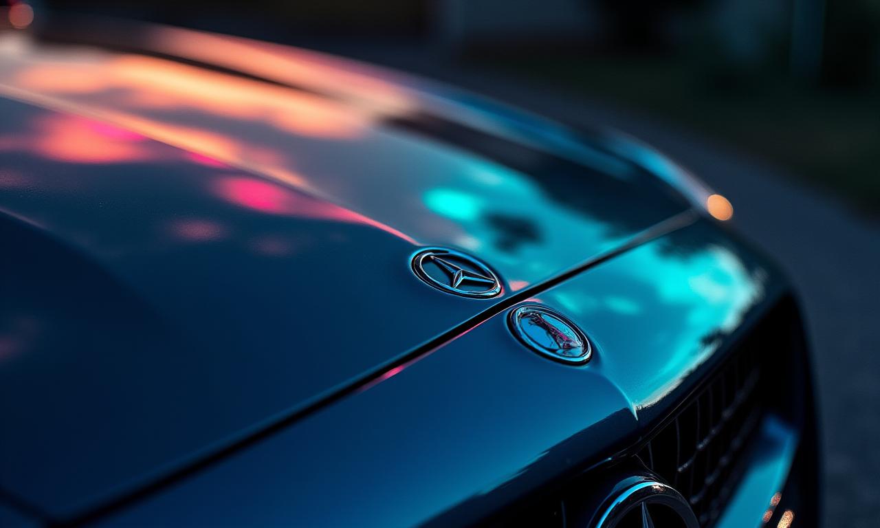 完璧にディテイリングされたメルセデスベンツのボンネットに映るオーロラのような輝き