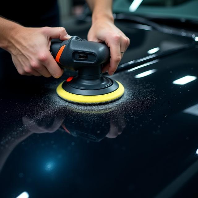 Main d'un expert polissant la carrosserie d'une voiture avec une machine orbitale